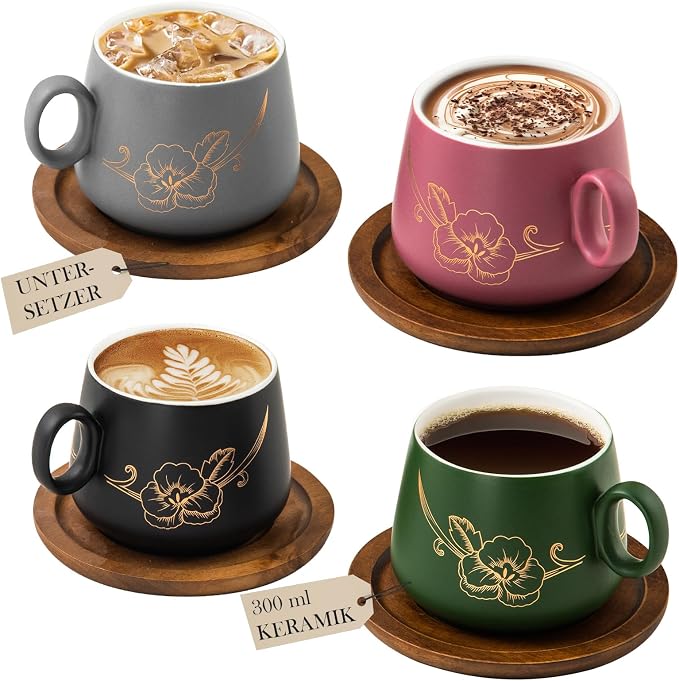 Yundu 10oz Cappuccino Cups & Wooden Saucers Set by YunduHome