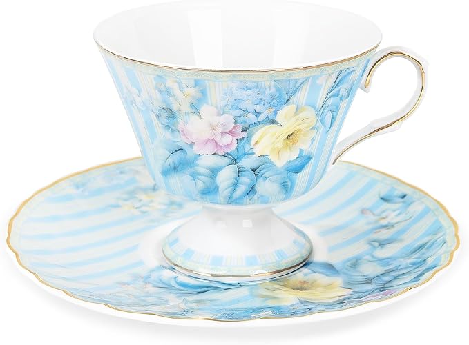 fanquare Vintage Blue Striped Tea Cup and Saucer, Hydrangea Flower Coffee Mug by fanquare