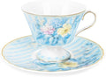 fanquare Vintage Blue Striped Tea Cup and Saucer, Hydrangea Flower Coffee Mug by fanquare