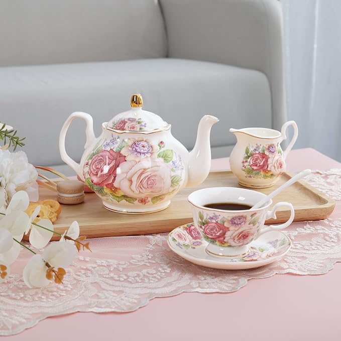 fanquare European Porcelain Coffee Set, Bone China Tea Set, Vintage Floral - Image 3