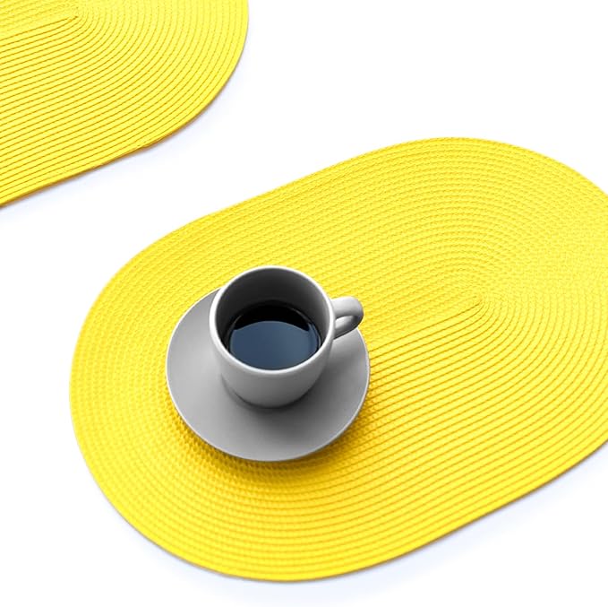 FunWheat Oval Braided Placemats Set of 8 Table Mats for Dining Tables Washable Heat Resistant Place Mats for Indoor Outdoor Use 12 x18 Inch(Oval Yellow, 8pcs)