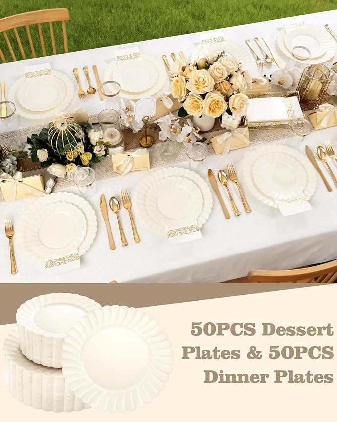 YOUBET 100PCS Ivory Scalloped Plastic Plates - Image 4