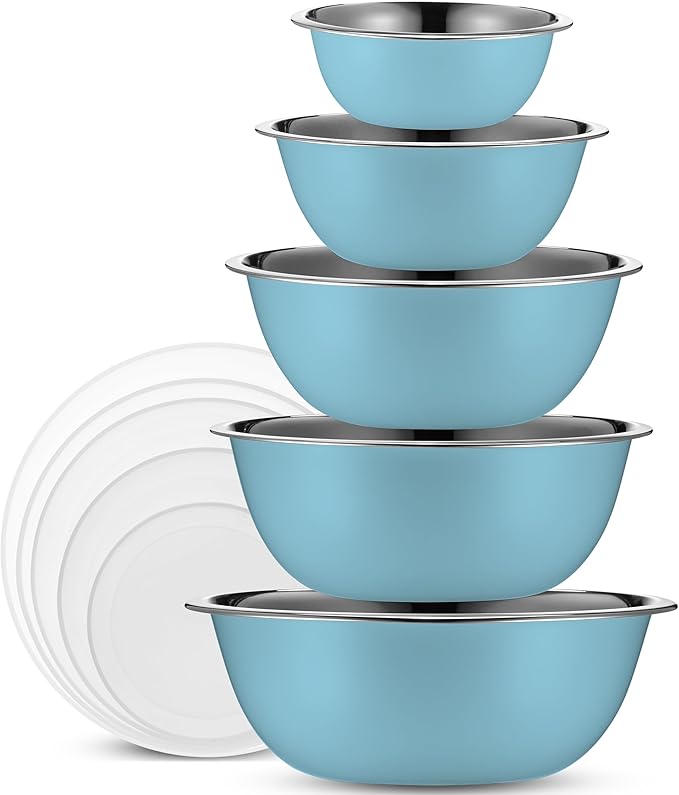 WHYSKO Stainless Steel Mixing Bowl Set, 10 Piece Stainless Steel Mixing Bowls with Lids Set for Food Prep Storage and Serving, Dishwasher Safe for Kitchen Baking Cooking, Light Blue