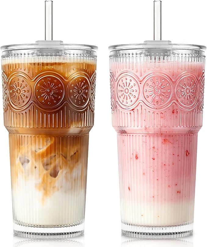 KEMORELA 20oz Ribbed&Floral Iced Coffee Cups by KEMORELA