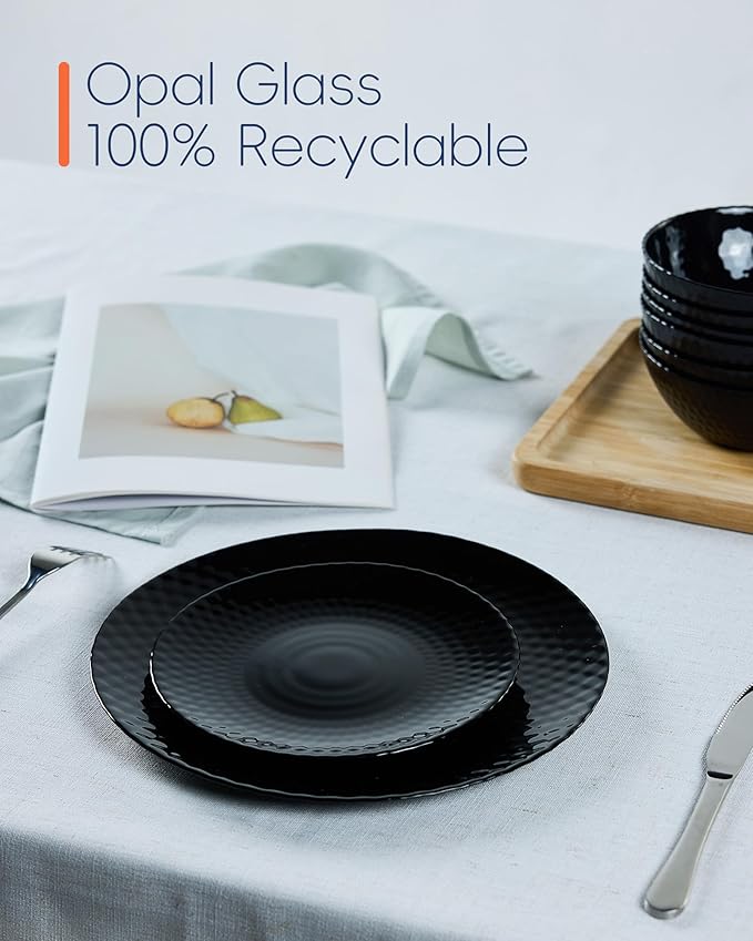 7.5 inch Appetizer Plate Set of 6, Opal Glass Round Geometric Faceted Small Black Plates for Salad Dessert, Kitchen, Dishwasher and Microwave Safe