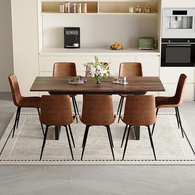 Extendable Dining Table Set for 8, 55"–71" Modern Wood Kitchen Table with 8 Upholstered Chairs, Space-Saving for Living Room Apartment, Sturdy & Comfortable, Easy Assembly