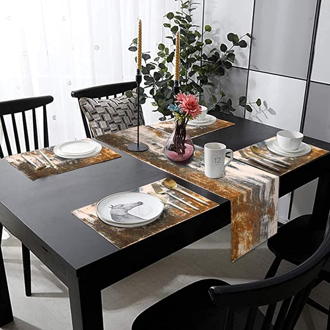 Black Grey Modern Table Runner and Placemats Set of 6, Linen 70" Long | - Image 6
