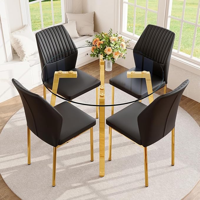 42" Round Glass Dining Table Set for 4,Modern Breakfast Table Set for 4 with Luxury Gold Chrome Legs,Space Saving Kitchen Table and Black Chairs for Apartment,Easy Assembly