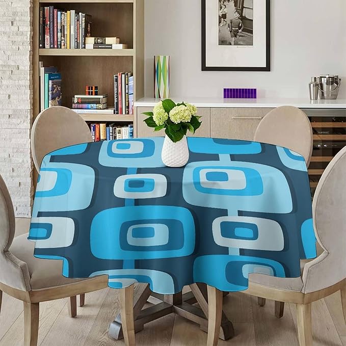 Mid Century Boho Round Tablecloth, Blue Mid Century Modern Art Abstract Geometric Pattern Retro Vintage Style Tablecloth for Home Party Dining Room Kitchen Decor 70Inch(178cm)
