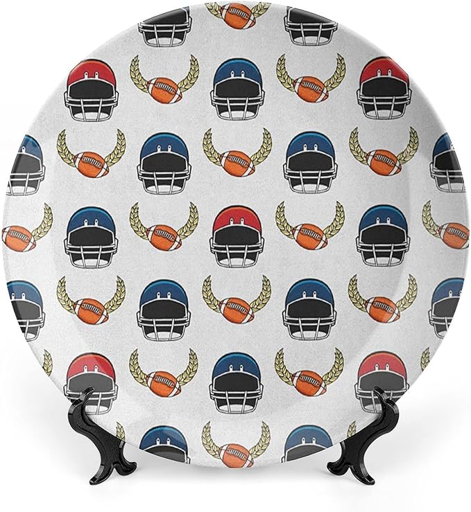 Ceramic Plates, American Football Decorative Ceramic Plates, Rugby Championship Professional League Fun Game, 8 Inch, for Dining, Parties, Wedding, Multicolor