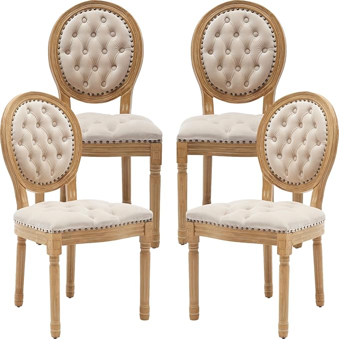 Vintage French Dining Chairs Set of 4, Round Back Velvet Upholstered Accent Chairs with Nailhead Trim and Solid Wood Frame, Elegant Sillas de Comedor for Dining Room & Kitchen, Beige