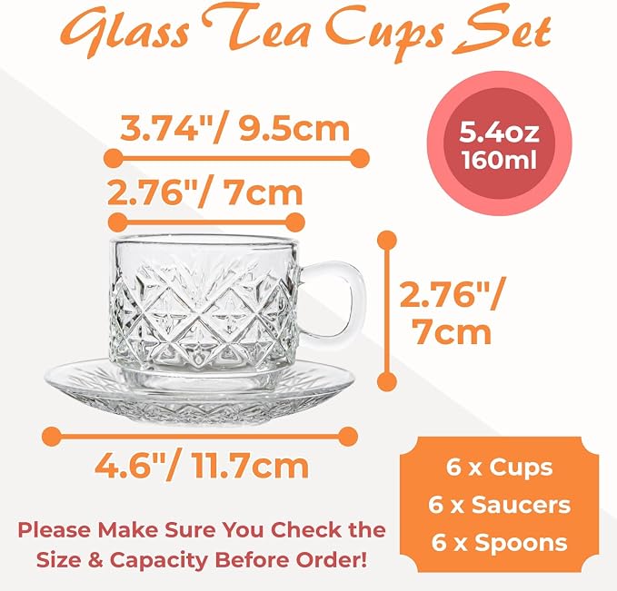 Atarvana 6 Pack Glass Tea Cups and Saucers Set - Image 2