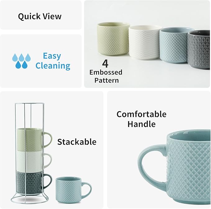 HASENSE Coffee Mugs 12 OZ Ceramic Cups Set of 4, Stackable Embossed Coffee Cups with Rack, Porcelain Coffee Cups for Latte, Cappuccino, Mocha, Cocoa, Americano, Hot Tea and Milk, Multi Color