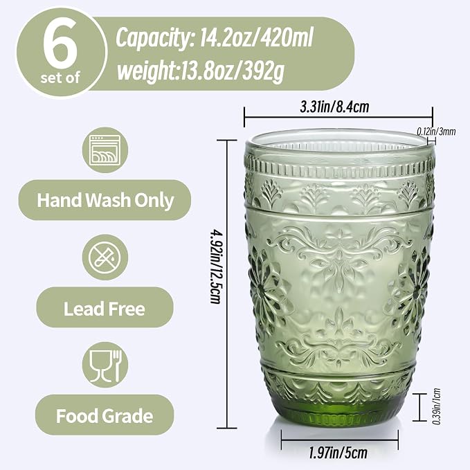 abrwyy Green Drinking Glasses, Vintage Glassware, 14oz Green Glass Cups | - Image 5