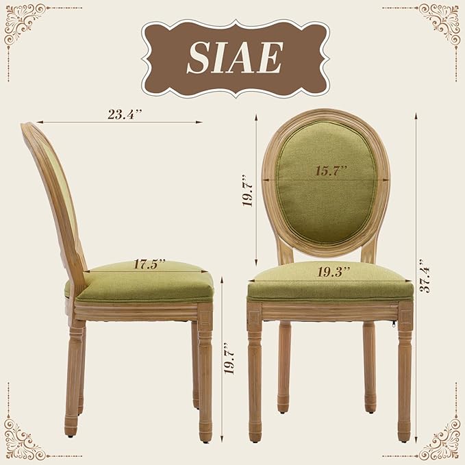 SoarFlash French Dining Chairs Set of 2, Vantage Dining Chair with Round Back, Wood Leg Farmhouse Country Dining Chair for Kitchen,Bedroom,Olive Green