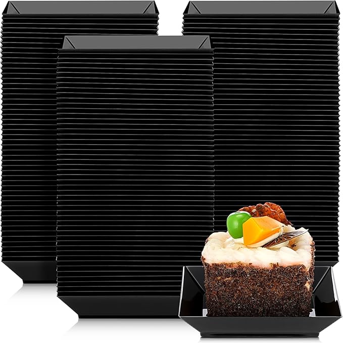 Zhehao 100 Pcs Plastic Dessert Appetizer Plates Disposable, 3.6 x 3.6 Inch Small Square Plastic Dessert Cake Plate for Party, Valentine's Day Wedding Birthday Bridal Baby Shower Supplies (Black)