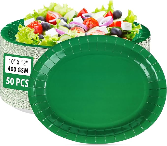 50 PCS Green Oval Paper Plates 10" x 12" Large St. Patrick's Day Plates Disposable Heavy Duty Green St. Patricks Day Paper Plates for Irish Holiday St. Patrick's Day Party Decorations Supplies