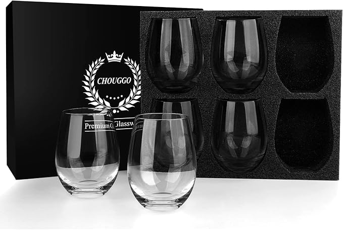 Chouggo Stemless Wine Glasses Set of 6, Hand Blown Premium Crystal Red Wine or White Wine Glass 18Oz - Hand Crafted by Artisans - Gifts for Women, Men, Wedding, Anniversary, Christmas, Birthday