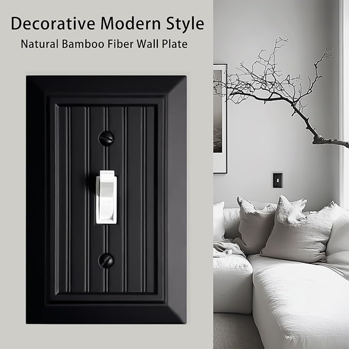 Beadboard Outlet Covers Wall Plates, Bamboo Fiber Light Switch Covers, Natural Material Electric Receptacle Decorative Switch Plate Outlet Cover Matte Black (1 Gang Toggle 4 Pack)