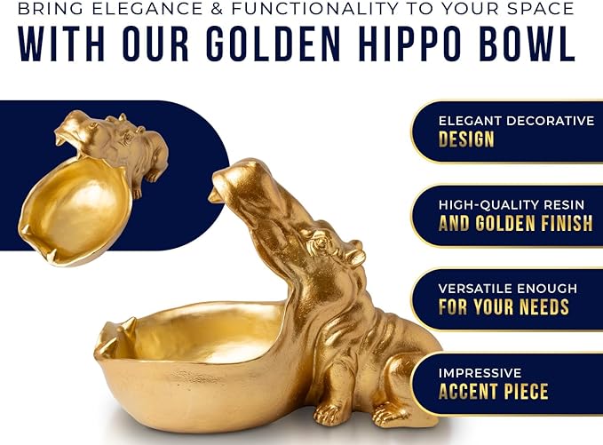 Comfify Hip Hippo Resin Figurine – Funky Hippopotamus Sculpture with Open Bowl Design for Snacks, Keys, or Trinkets – Decorative Holder with Elegant Golden Finish – Playful Accent for Modern Decor