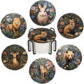 Drink Coasters for Drinks Set of 6, Vintage Botanical Floral Wild Animals Absorbent Round Ceramic Stone Mat Coaster, with Cork Base and Metal Holder, Home Bar Decor House Warming Gift