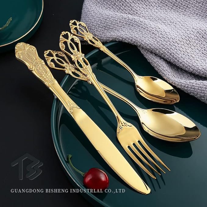 Gold Silverware Set for 8 Stainless Steel Flatware Set Palace Style Hollow Relief Decoration 32 Piece Cutlery Utensils Include Knives Forks and Spoons Tableware Set for Home Kitchen Restaurant Party