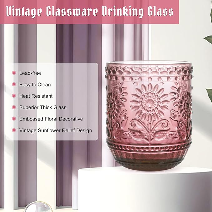 Topsky Vintage Drinking Glass Set of 4,12 oz Embossed Floral Drinkware Set,Pink Purple Drinking Glasses Cups Wine Glasses Colored Glassware for Whisky,Beer,Juice,Cocktail,Heavy Duty