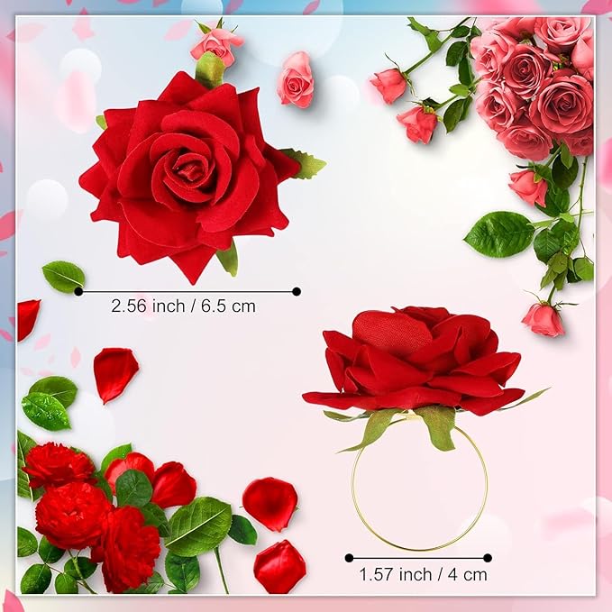 Honeydak 16 Set Valentine's Day Napkin Ring Rose Flower Metal Napkin Ring Designed with Rose Serviette Buckle for Valentine's Day Wedding Anniversary Party Dinner Table Decoration (Red)