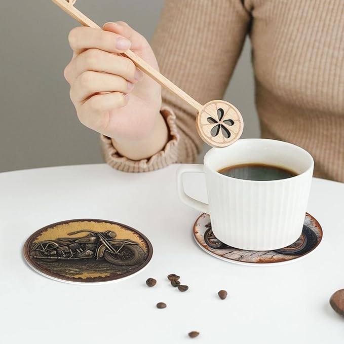 Retro Motorcycle Coasters for Drinks with Holder Round Leather Coasters Set of 6 Cups Mugs Mat Pad for Home Kitchen Bar
