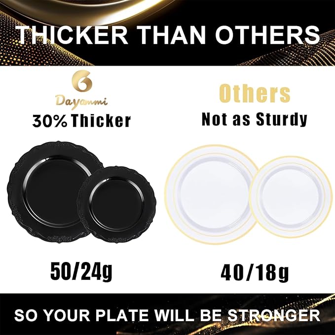 DaYammi 60PCS Black Plastic Plates, Heavy Duty Black Disposable Plates Premium 7.5 inch Dessert Cake Salad Appetizer Plate Hard Plastic Plate Disposable for Party Wedding