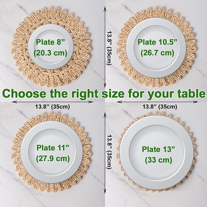 13.8" Set of 4 Round Corn Husk Placemats | Boho Woven Rattan Table Mats | Farmhouse Wicker Spring Plate Chargers Like Water Hyacinth, Seagrass for Wedding, Party, Christmas, Events