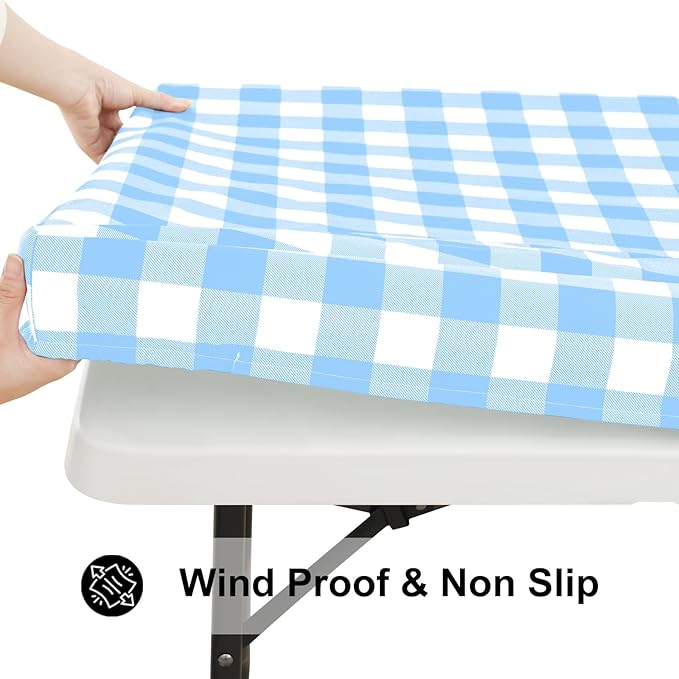 Smiry Rectangle Picnic Table Cloth, Elastic Waterproof Fitted Vinyl Tablecloths, Flannel Backed Buffalo Plaid Table Covers for Dining, Camping, Outdoor (Baby Blue and White, 30" x 60")