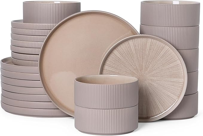 Dinnerware Sets for 8, Ceramic Plates and Bowls Set 24 Piece Dinnerware Chip Resistant Stoneware, Dishwasher and Microwave Safe-Brown