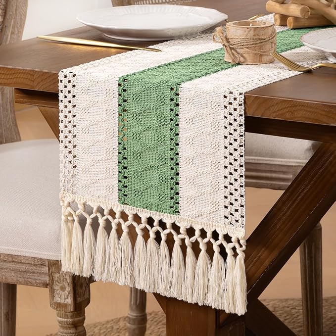 DeZerlor Ivory&Sage Green Boho Macrame Farmhouse Woven Table Runner 90Inch | by DeZerlor