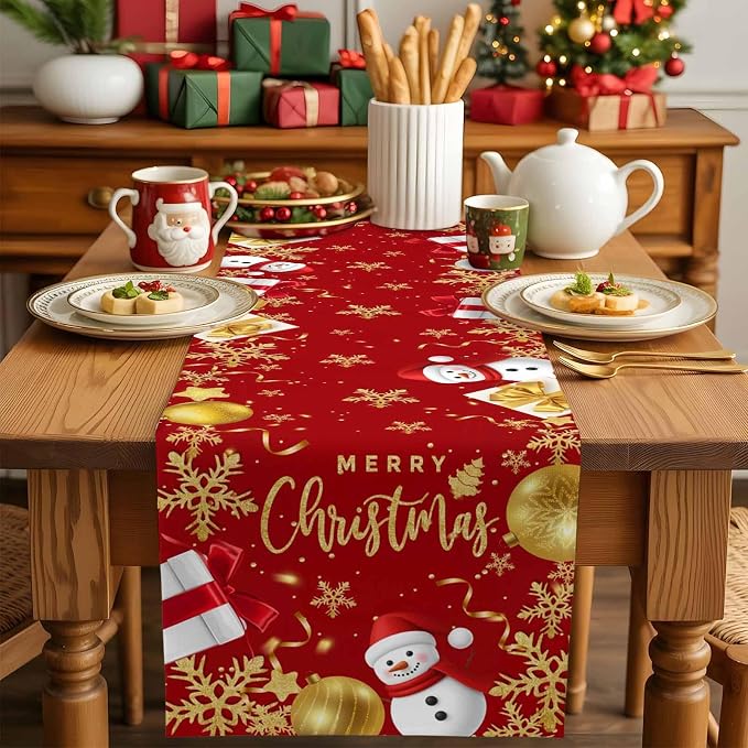 Merry Christmas Table Runner 36 Inches Long, Xmas Balls Snowman Snowflake Table - Image 5