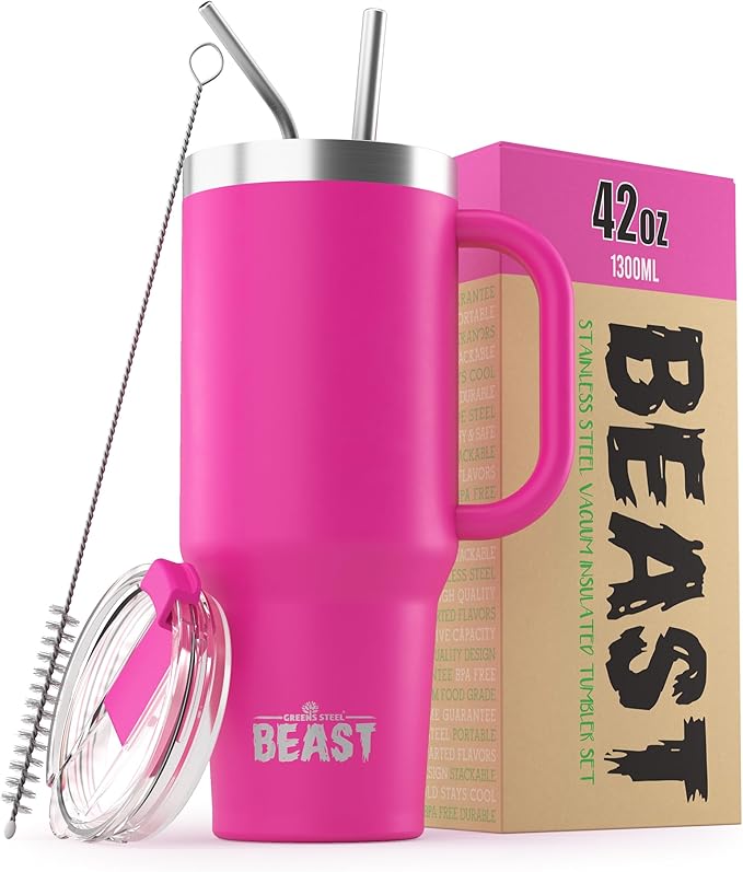 Beast 50 oz Tumbler with Handle Stainless Steel Vacuum Insulated Coffee Ice Cup Double Wall Travel Flask (Cupcake Pink)