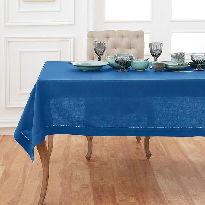 Solino Home Linen Indigo Blue Tablecloth 60 x 90 Inch - Classic Hemstitch, 100% Pure Linen Rectangular Tablecloth - Machine Washable Table Cloth for Winter, Spring, Easter