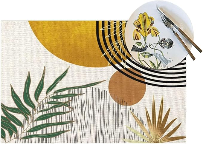 Mid Century Placemats 12x18 Inches Set of 4,Abstract Modern Boho Green Yellow Tropical Leaf Decorative Rectangle Table Mats for Party, Home Kitchen,Dining Table Decoration