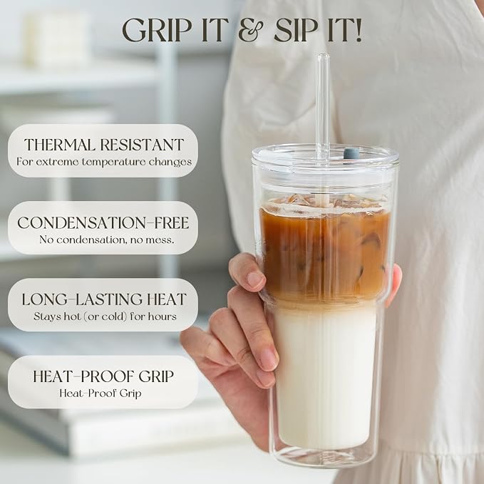 KEMORELA 2PCS 20oz Double Wall Glass Tumblers - Image 8