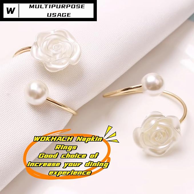 Decorative Napkin Rings Set of 6,Holders Decor Dinner Party,Wedding,Anniversary,Birthday,Table Decor Gift (White Pearl)