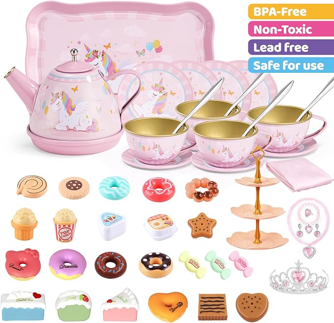 iAOVUEBY Tea Party Set for Little Girls, Kids Pretend Play Kitchen Toys - Image 3