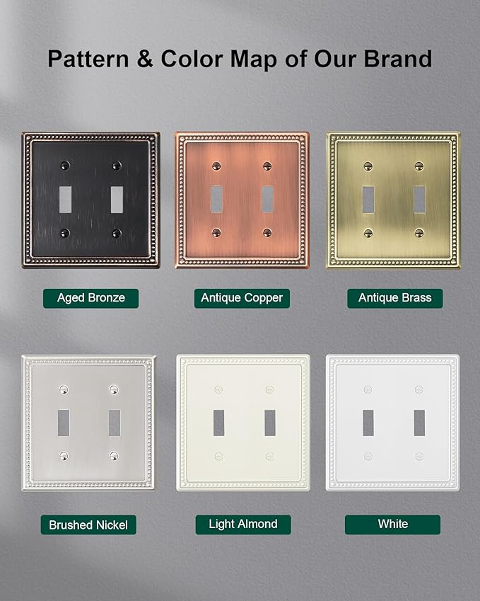 2-Pack Double Toggle Light Switch Cover Plate, Pearls Decorative Dual Switch Plate Covers, Aged Bronze 2 Gang Metal Wall Plate, Corrosion Resistant