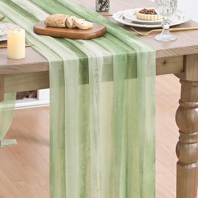 Artoid Mode Boho Green Stripes Spring Chiffon Table Runner 120 Inches 10FT by ArtoidMode
