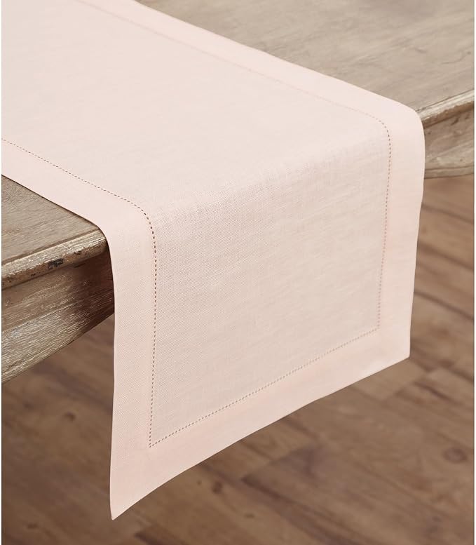 Solino Home 100% Pure Linen Dining Table Runner Pink Hemstitch, 14 x 120 in | - Image 2
