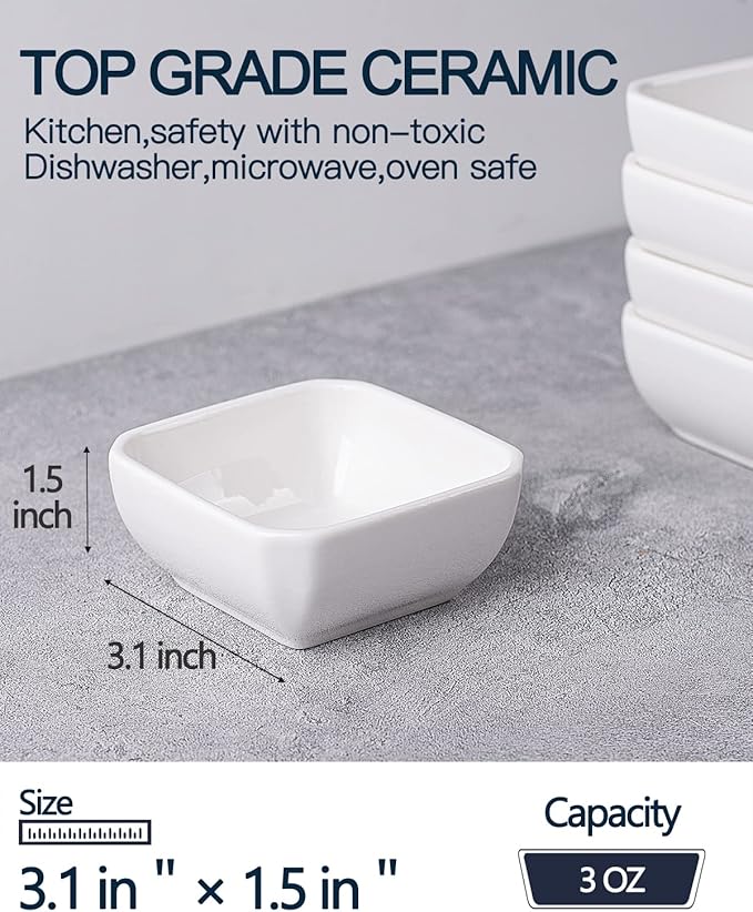 12 Pack Ceramic Dipping Bowls, 3 Oz Soy Sauce Dish, Small Dip Bowls Set for Sauce, Side Dish, Condiments, Sushi, Ramekins Oven Safe