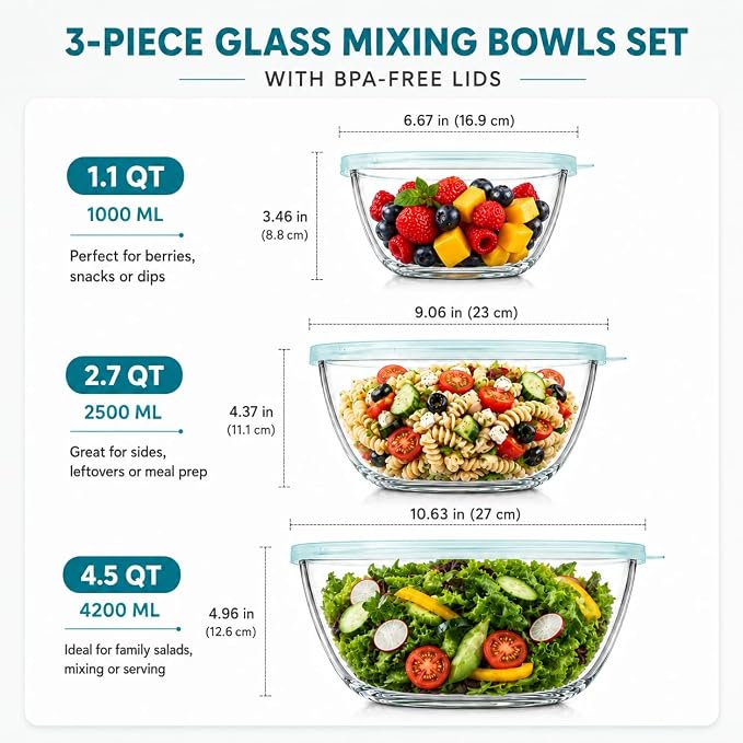 Luvan Glass Mixing Bowls with Lids Set-Large Glass Mixing Bowls, Food Prep - Image 2