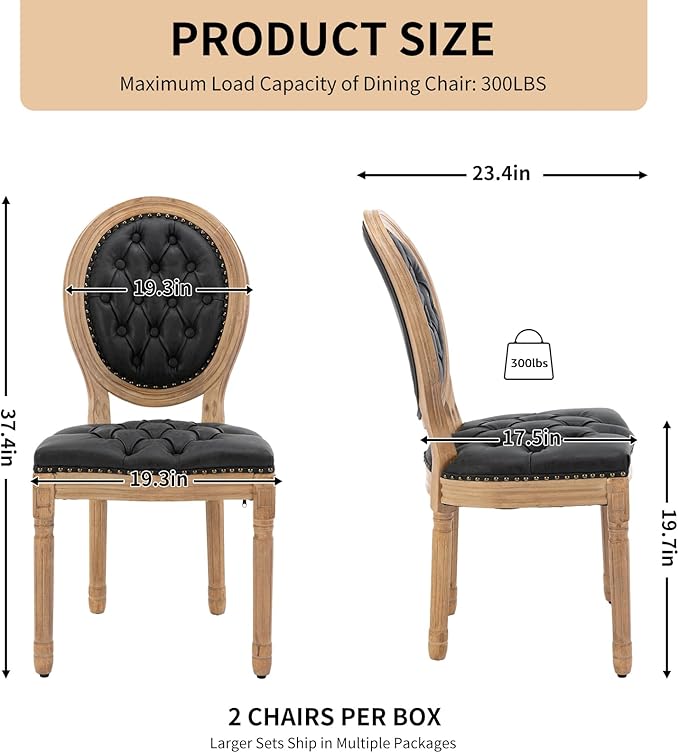 Vintage French Dining Chairs Set of 6, Round Back PU Leather Upholstered Side Chairs with Nailhead Trim and Solid Wood Frame, Sillas de Comedor for Dining Room & Kitchen, Black