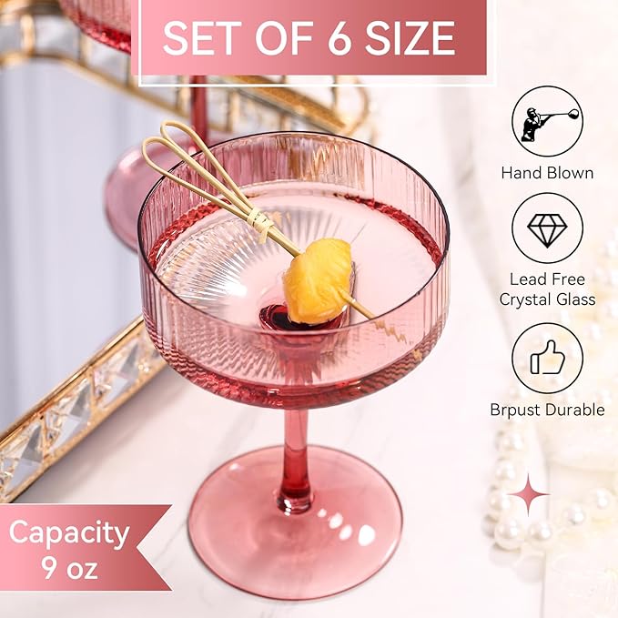 9 oz rose red Vintage Art Deco Coupe Glasses Set of 6 Ribbed martini Glasses |Vintage Cocktail Glasses Set,Unique Colored Coupe Glass