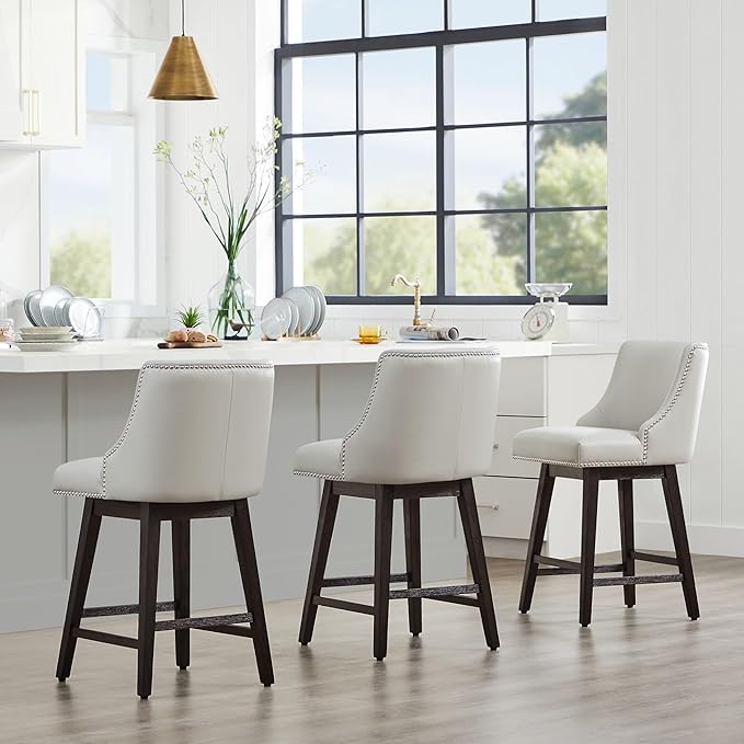 CHITA Counter Height Swivel Bar Stools, FSC Certified Upholstered Counter Stools, Modern Swivel Barstools with Wood Legs for Kitchen Island, 26" Seat Height, Faux Leather in Creamy Grey