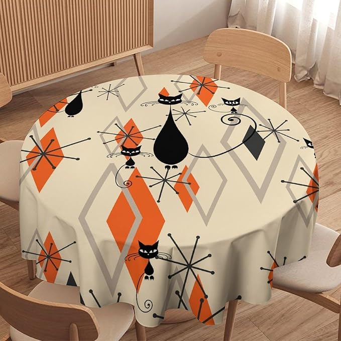 Retro Boho Modern Black Cat Round Tablecloth, Mid Century Boho Moon Abstract Geometric Leaf 50s 60s Style Tablecloth for Home Party Dining Room Kitchen Decor 50Inch(127cm)